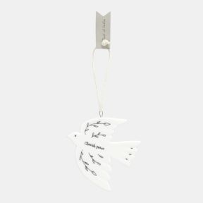 White ceramic dove Christmas hanging decoration featuring delicate black botanical line illustrations, the words “Cherish peace”, and a cream hanging ribbon, designed as a symbolic festive ornament for seasonal décor.