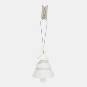 White ceramic Christmas tree hanging decoration featuring a layered tiered tree design with a star topper, smooth glazed finish, subtle pierced dot detailing, and a silver hanging cord for festive seasonal décor