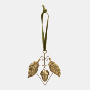 Gold-tone hanging acorn decoration featuring two detailed oak leaves, a textured acorn charm, geometric wire frame detailing, and an olive green velvet hanging ribbon for autumnal or festive seasonal décor.