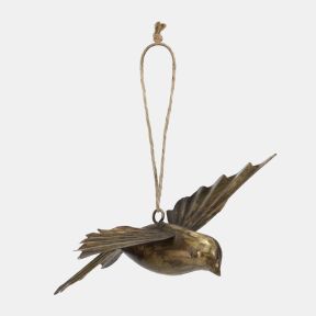 Gold-tone metal bird hanging decoration featuring a sculpted flying bird design with embossed feather detailing, an antique brass-effect finish, outstretched wings, and a rustic twine hanging loop for festive seasonal décor.