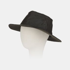 Dark green waxed cotton outdoor hat displayed on a mannequin head, featuring a wide brim for sun and rain protection, a structured crown, and a weather-resistant finish. The practical country-style hat is shown against a plain light background.