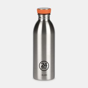 24Bottles stainless steel reusable water bottle with a brushed silver finish and bright orange screw-top lid. The sleek insulated bottle features a narrow neck, metallic cap, and 24Bottles logo on the front, displayed against a plain light background.