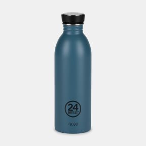Teal stainless steel reusable water bottle by 24Bottles, featuring a sleek matte finish, narrow neck, and black screw-top lid. The insulated bottle displays the 24Bottles logo on the front and is shown against a plain light background.
