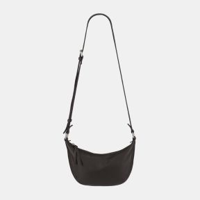 Dark brown leather-look crescent shoulder bag with an adjustable strap, zip-top closure, and sleek curved silhouette, shown from a front view.