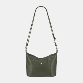Olive green leather-look shoulder bag with an adjustable strap, zip-top closure, silver-tone hardware, and front slip pocket with press-stud tab detail.