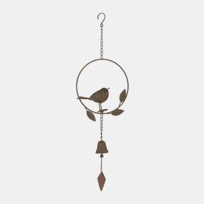 Decorative metal robin wind chime featuring a rustic brown robin with a red breast perched inside a circular ring. The hanging ornament includes metal leaf accents, a small bell, chain, and hook for outdoor garden display.