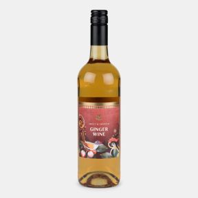 Bottle of sweet and smooth ginger wine with a festive illustrated label featuring a bird, cherries and seasonal foliage, presented on a light grey background.