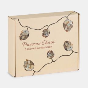 Pinecone Chain 8 LED outdoor light chain in decorative gift packaging featuring illustrated pinecone-shaped string lights on a cream background.
