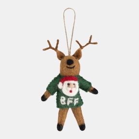 Handcrafted felt reindeer Christmas hanging decoration with antlers and a hanging loop. The reindeer wears a green jumper featuring a Santa face and the text “BFF”, shown against a plain light grey background. 