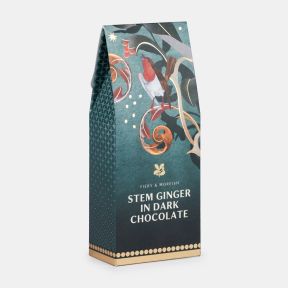 Stem ginger in dark chocolate confectionery gift box in festive teal packaging featuring a robin, decorative botanical illustrations and gold accents, shown at an angled view.