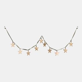 Decorative hanging star garland featuring multiple hammered metal star ornaments in a distressed antique gold finish suspended from an olive green ribbon, displayed in full to showcase the complete festive decoration and rustic handcrafted style.