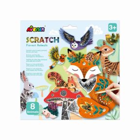 Avenir Scratch Forest Animals craft kit featuring eight woodland animal scratch-art projects, including a fox, deer, owl, bird, squirrel, rabbit, and hedgehog. The front packaging shows colourful engraved designs being revealed with a wooden stylus and is