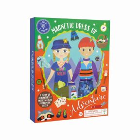 Magnetic Dress Up children’s activity set box featuring two illustrated outdoor adventurer characters, magnetic clothing and accessory pieces, fishing net, lantern, boots, binoculars, basket, and over 70 magnets on a colourful green and orange package.