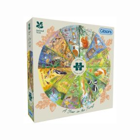 National Trust and Gibsons 500-piece circular jigsaw puzzle, A Year in the Forest, featuring a colourful seasonal woodland wheel with animals, birds, flowers and trees representing all twelve months of the year.