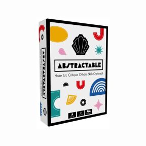 Abstractable party game box featuring colourful geometric shapes on a white background, with the title “ABSTRACTABLE” and the tagline “Make Art. Critique Others. Skills Optional.” Modern, minimalist design with age, play time and player count icons.