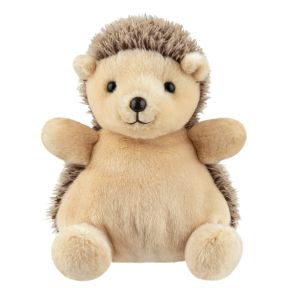 Small Palm Pals hedgehog plush toy with a round, bean-filled body and soft cream-coloured fur. The toy has textured brown faux-fur spikes around its head and back, black button-style eyes, a dark brown nose, and a stitched smile.