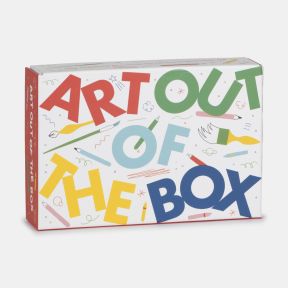 Colourful "Art Out of the Box" arts and crafts kit box with large multicoloured lettering and illustrations of paintbrushes, pencils, and drawing doodles on a white background.