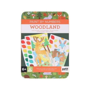 Petit Collage Woodland Paint by Numbers set for ages 6+, presented in a decorative tin featuring woodland animals and sample artwork. Includes numbered colouring cards, paint palette sheets and two paintbrushes.