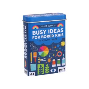 Petit Collage Busy Ideas for Bored Kids Artist Edition activity card set in a blue storage tin, featuring 50 creative activity cards for ages 4+, with colourful illustrations of art supplies, paint tubes, scissors and craft-themed graphics.