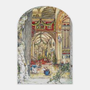 Illustrated advent calendar featuring a grand decorated hall with vaulted ceilings, staircases, Christmas trees and festive garlands, viewed through open doors, with small mice characters throughout the scene and numbered advent calendar doors integrated 