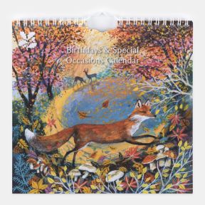 Birthdays & Special Occasions perpetual calendar featuring colourful woodland artwork with a fox walking along a forest path, surrounded by autumn trees, fallen leaves, mushrooms and foliage, with deer visible in the distance beneath a spiral-bound hangin