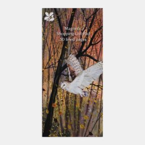 National Trust magnetic shopping list pad featuring an illustration of a barn owl in flight through an autumn woodland, surrounded by tall trees and falling leaves in warm shades of brown, gold and purple, with the text “Magnetic Shopping List Pad” and “5