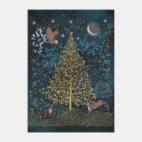 Illustrated advent calendar featuring a gold Christmas tree surrounded by decorative foliage, stars and seasonal motifs on a deep blue background, with numbered advent doors integrated into the artwork, alongside a barn owl in flight, a hare and a rabbit 