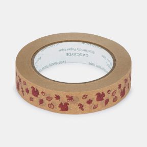 Roll of eco-friendly paper tape featuring a repeating autumn woodland design with burgundy illustrations of squirrels, acorns, oak leaves, mushrooms, pumpkins and pinecones printed on a natural kraft paper background, shown on a white background.