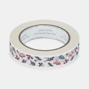 Roll of eco-friendly paper tape featuring a festive winter design with red songbirds perched among holly leaves, berries, pine sprigs and foliage, printed on a white background and shown on a white backdrop.