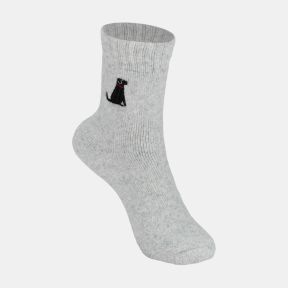Light grey ankle sock with a ribbed cuff and soft marl texture, featuring an embroidered black dog motif with a red collar on the side, displayed against a white background.
