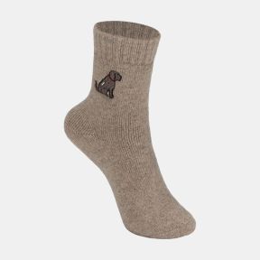 Light brown ankle sock with a soft marl texture and ribbed cuff, featuring an embroidered brown dog motif with a red collar on the outer ankle, displayed against a white background.