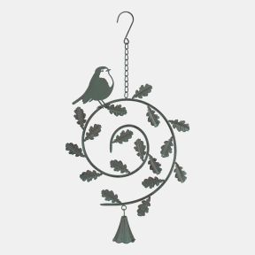 Decorative metal hanging bird feeder with perched bird and oak leaf spiral design in verdigris finish