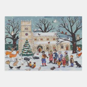 Winter village advent calendar illustration featuring a snow-covered church, Christmas tree, woodland animals and festive carol singers with numbered countdown doors
