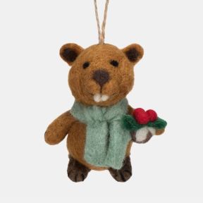 Felt beaver Christmas hanging decoration shown in a close-up front view, featuring a brown wool-effect body, pale blue scarf, and a holly sprig with red berries, finished with handcrafted needle-felted detailing, embroidered facial features, prominent buc
