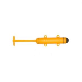 Yellow plastic toy motor for making a DIY motor boat, featuring a cylindrical body with mounting loops, and a black end cap, shown against a plain white background.