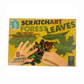 Front packaging of the “Scratch Art Forest Leaves” craft kit, showing hands using a wooden stylus to scratch colourful leaf patterns on black sheets, with illustrated leaves labelled eucalyptus and maple, and text stating “8 big leaves to scratch”.