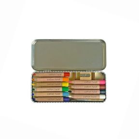 Open metal tin of “cotton twist” coloured pencils, showing a neat row of short wooden pencils in assorted colours alongside a small sharpener and eraser on a plain white background.