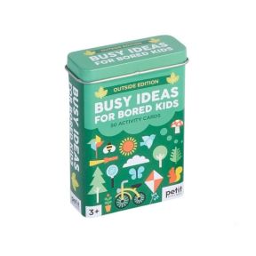 Front packaging of the “Busy Ideas for Bored Kids: Outside Edition” activity cards, showing a green illustrated metal tin with outdoor icons, the title text, and wording stating “50 activity cards,” suitable for ages 3+.