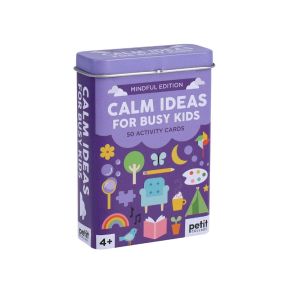 Front packaging of the “Calm Ideas for Busy Kids: Mindful Edition” activity cards, showing a purple illustrated metal tin with calm‑themed icons, the title text, and wording stating “50 activity cards,” suitable for ages 4+.
