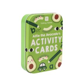 Front packaging of “Alfie the Avocado’s Activity Cards,” showing a green illustrated metal tin decorated with smiling avocado characters, playful icons and the title text on the front.