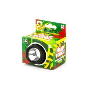 Front packaging of the “Head Torch” by Magnotidz, showing a compact black head torch inside a green jungle‑patterned box with age guidance 3+ and safety warning text.