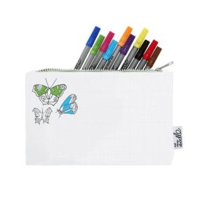 White zip pencil case with a grid pattern, featuring butterfly line drawings on the front and filled with colourful felt‑tip pens visible along the top zip opening.
