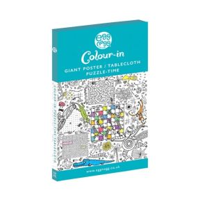 Front and back packaging of the Eggnogg “Colour‑in Giant Poster / Tablecloth: Puzzle‑Time,” showing the illustrated puzzle‑filled colouring design on the front and the back with photos of children colouring, product details, sustainability icons and dimen