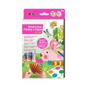 Front packaging of the Avenir “Watercolour Painting & Origami: Garden” children’s craft kit, showing illustrated garden animals, trees and flowers, a paintbrush painting a rabbit, origami figures, and text indicating 14 colouring sheets, 48 paint palettes