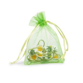 Green organza drawstring bag containing wooden daisy and leaf beads with green cord from the Daisy Chain Bracelet Kit, shown against a plain white background.