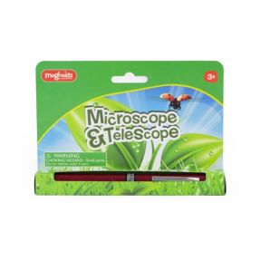 Front packaging of the Magnoidz “Microscope & Telescope” toy, showing a green nature‑themed card with leaf graphics, a ladybird illustration, age guidance 3+, a choking hazard warning, and the red handheld microscope tool visible in the blister pack.