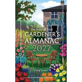 Cover of The National Trust Gardener’s Almanac 2027 by Greg Loades, featuring an illustrated cottage garden with colourful flowers, a lawn, wicker chairs and table, flowering plants, and a house in the background.