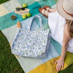 Sautree Clematis Hand Block Printed Quilted Tote Bag