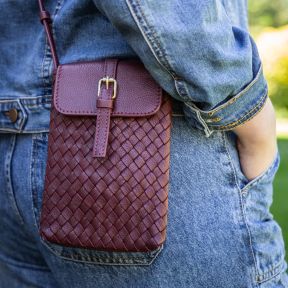 National Trust Burgundy Woven Leather Mini Cross Body Bag