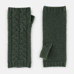 Dark green fingerless knitted gloves with a soft brushed texture, featuring a cable-knit front panel, ribbed trim, and thumb opening, shown from front and back views.